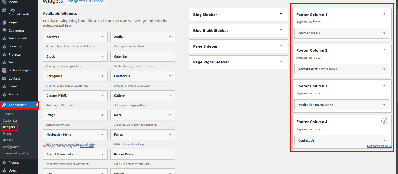 Footer Dashboard Setup