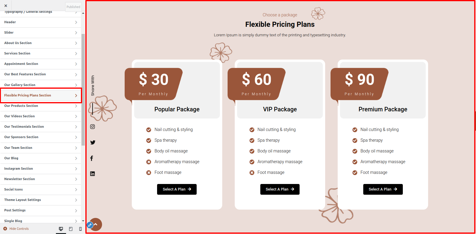 Flexible Pricing Plans Customizer Settings