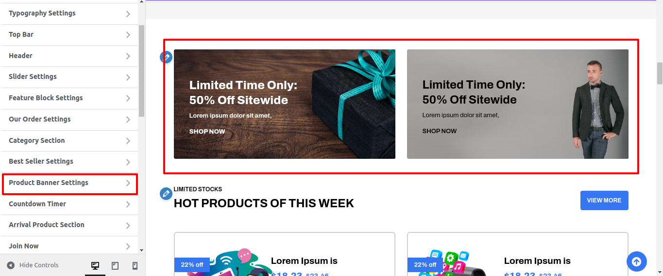 Product Banner Settings