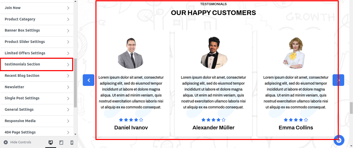 Testimonial Customizer Settings
