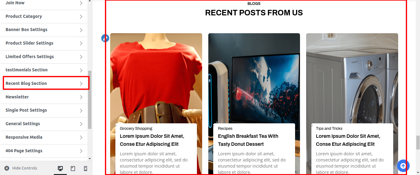 Recent Post Customizer Settings