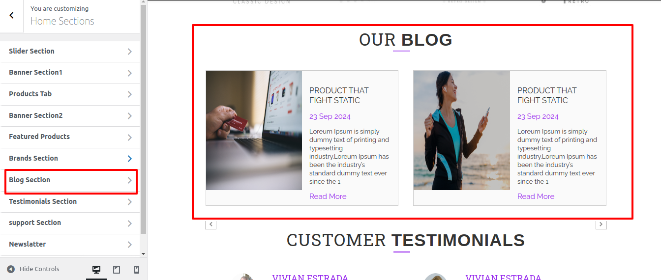 Blog Section Customizer Settings