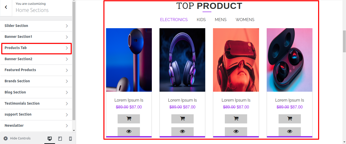 Products Tab Section