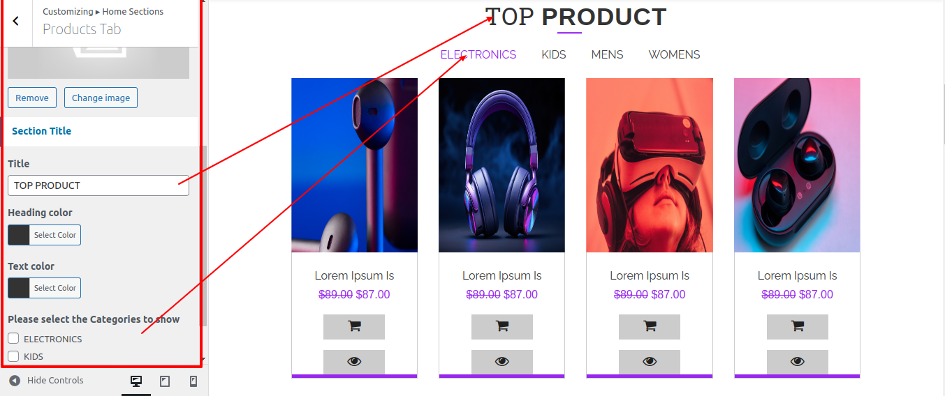 Products Tab Section