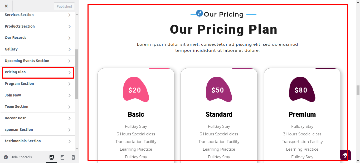 Pricing Plan Customizer Settings