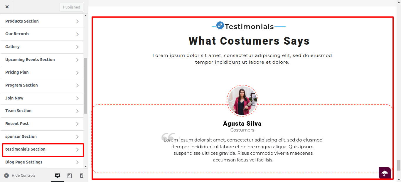 Testimonial Customizer Settings