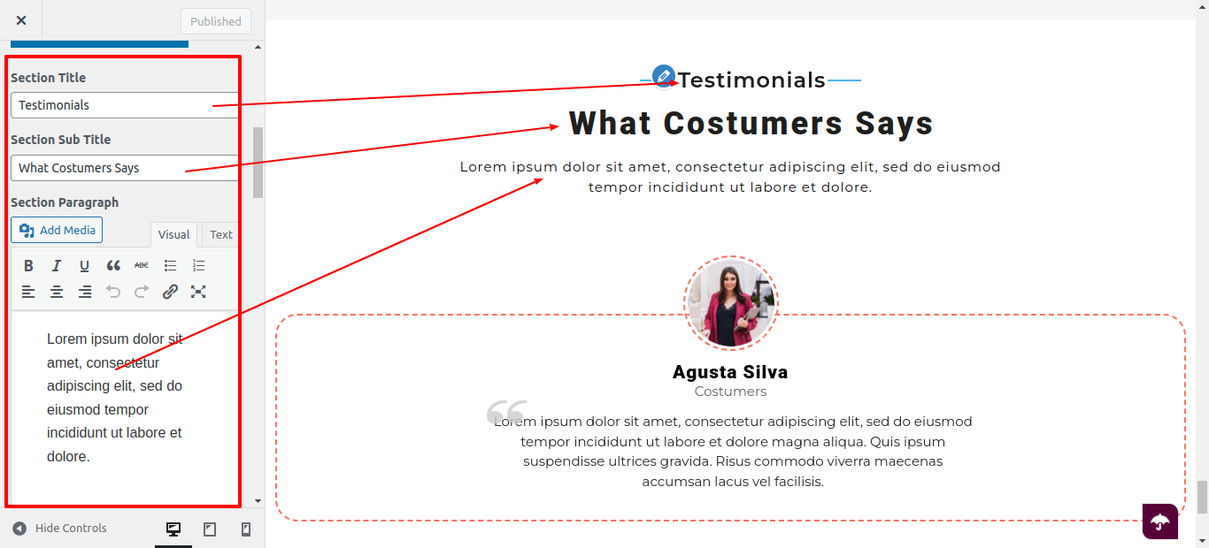 Testimonial Customizer Settings