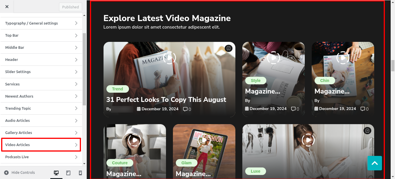 Video Articles Customizer Settings