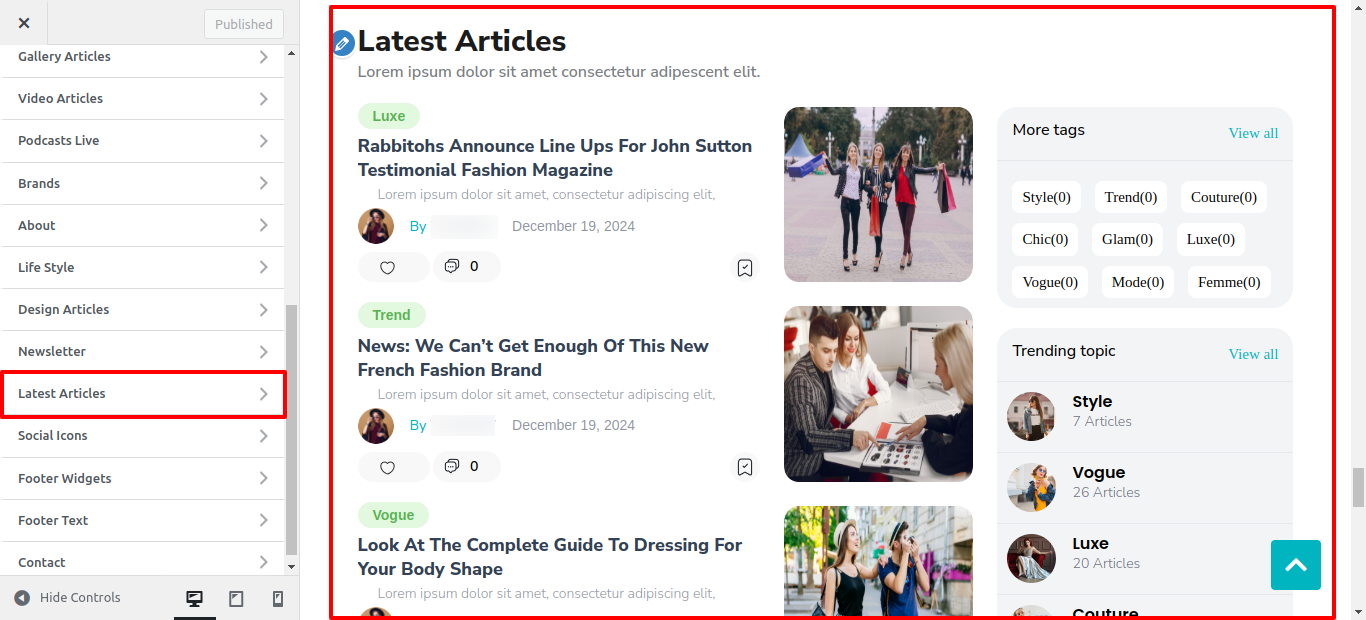 Latest Articles Customizer Settings