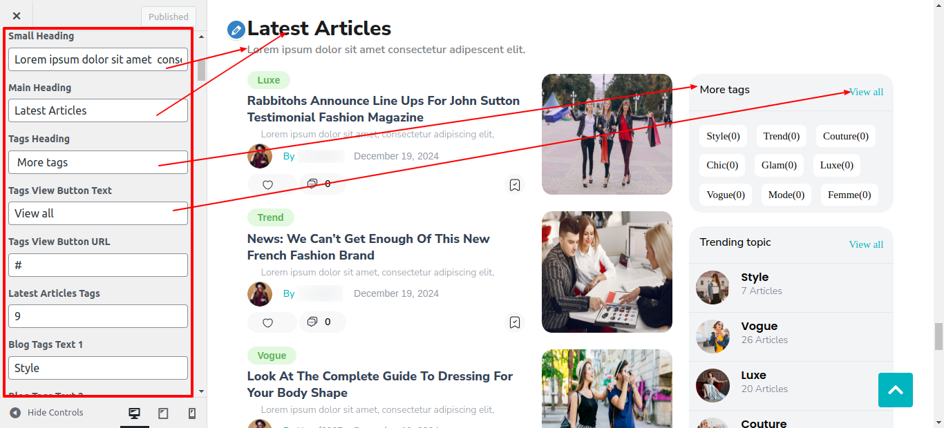 Latest Articles Customizer Settings
