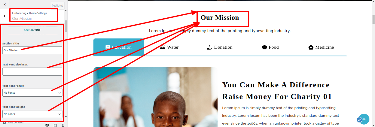 Our Mission Section Customizer Settings
