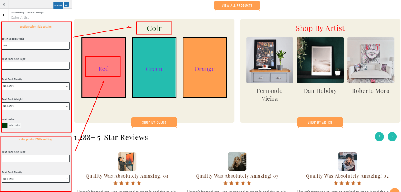 Shop By color/Artist Section Customizer Settings