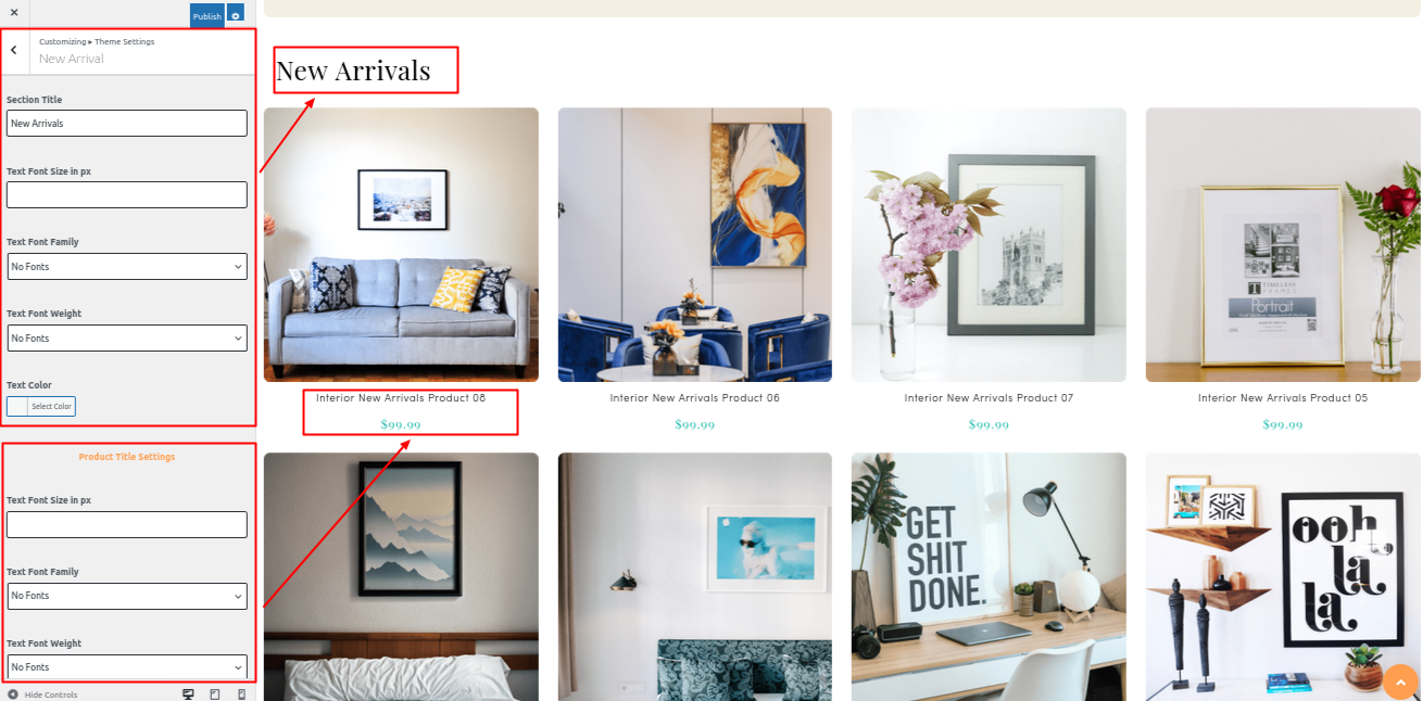 New Arrival Section Customizer Settings