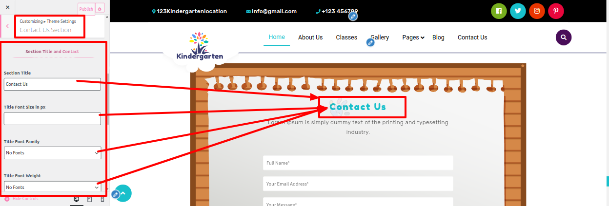 Contact Us Customizer Settings