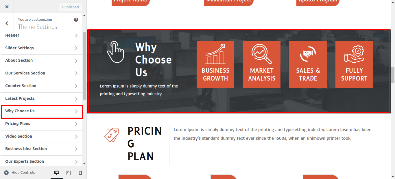Why Choose Us Customizer Settings
