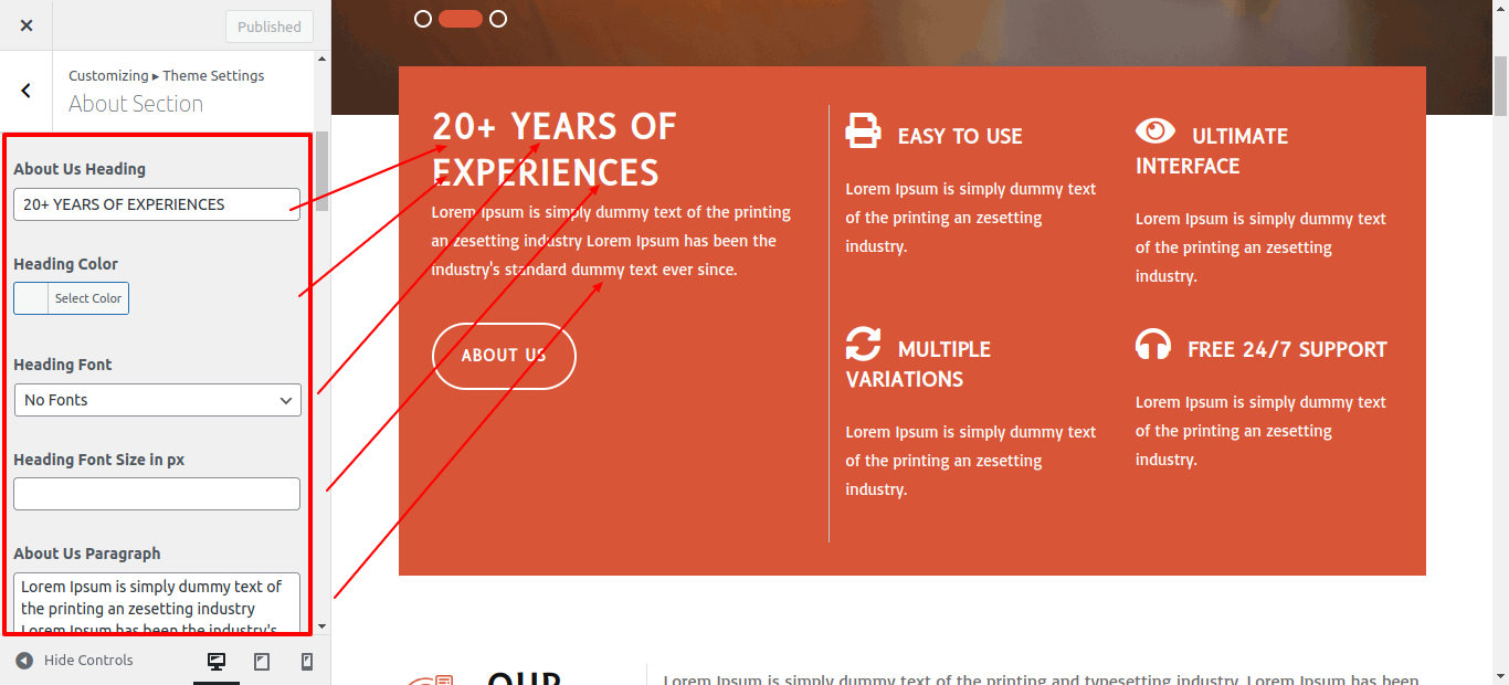 About Section Customizer Settings