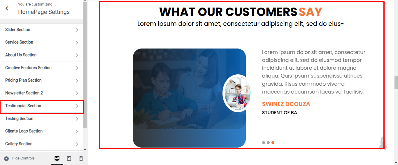 Testimonial Customizer Settings