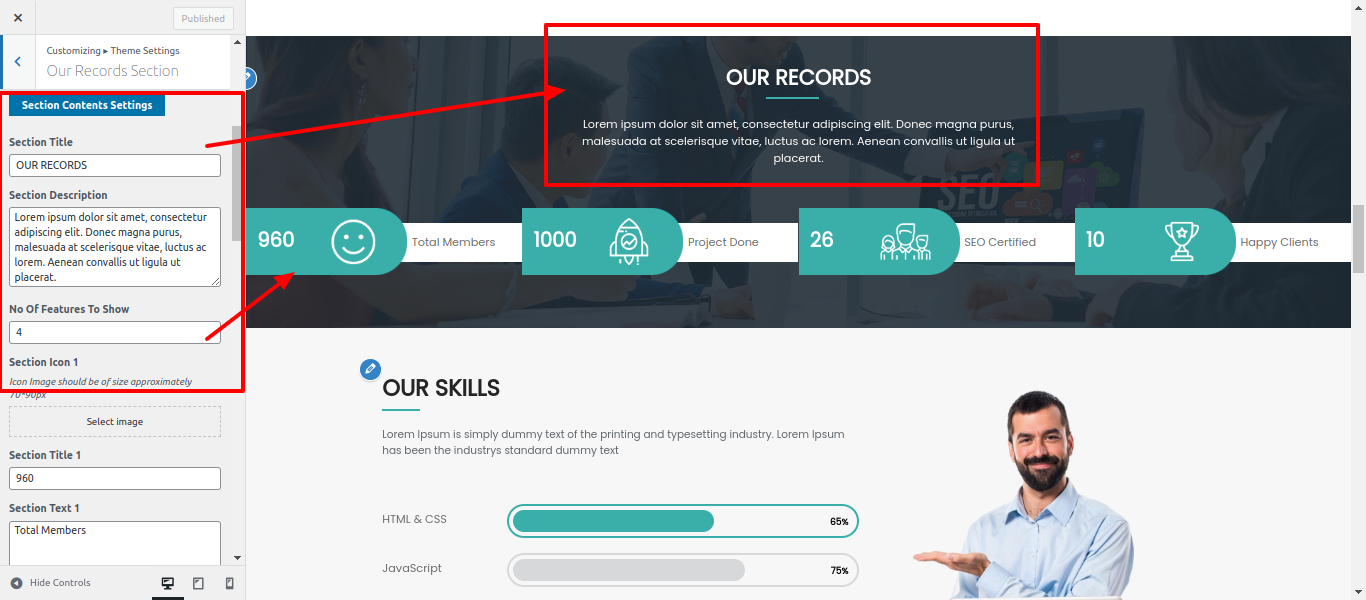 Our Records Section Customizer Settings