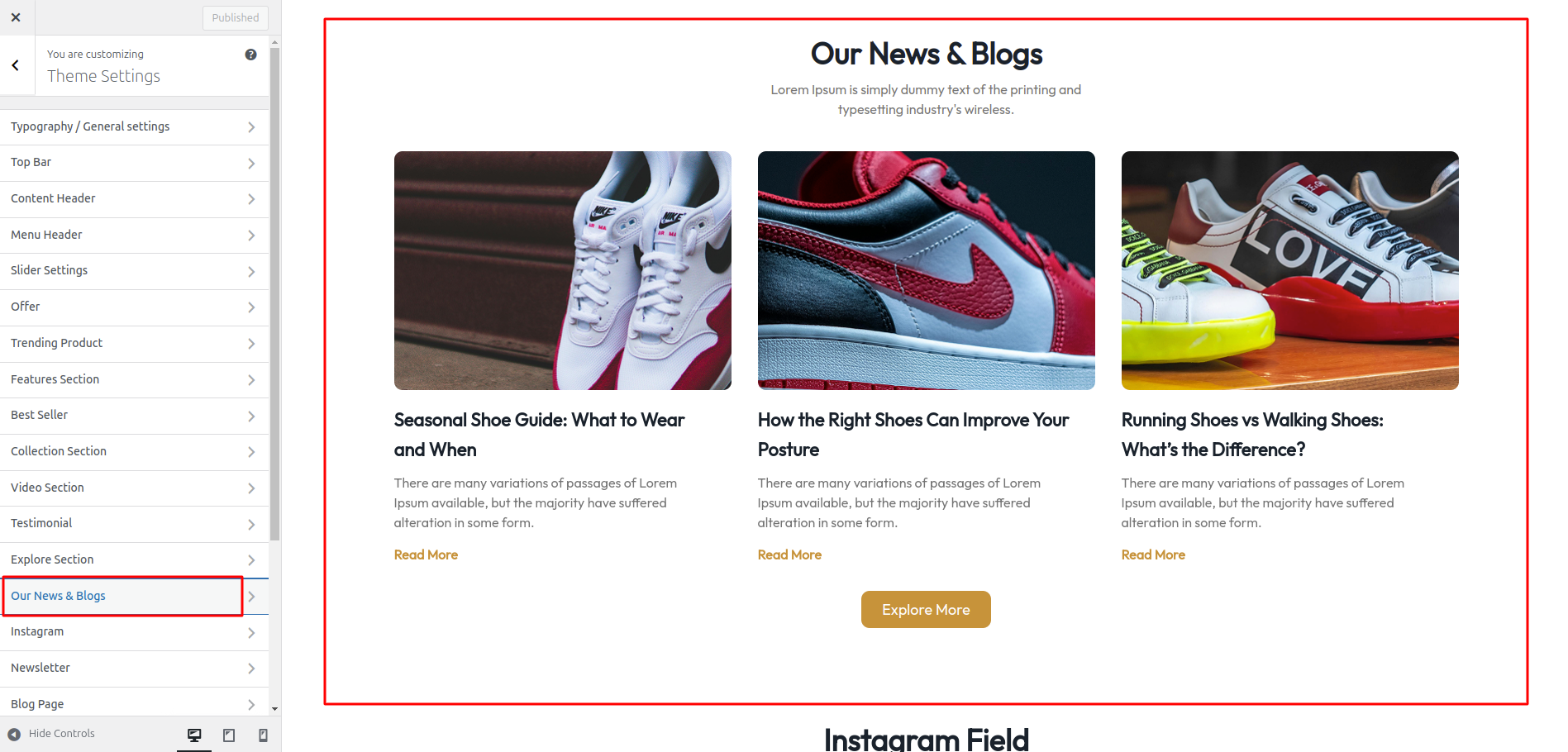 Blog Customizer Settings