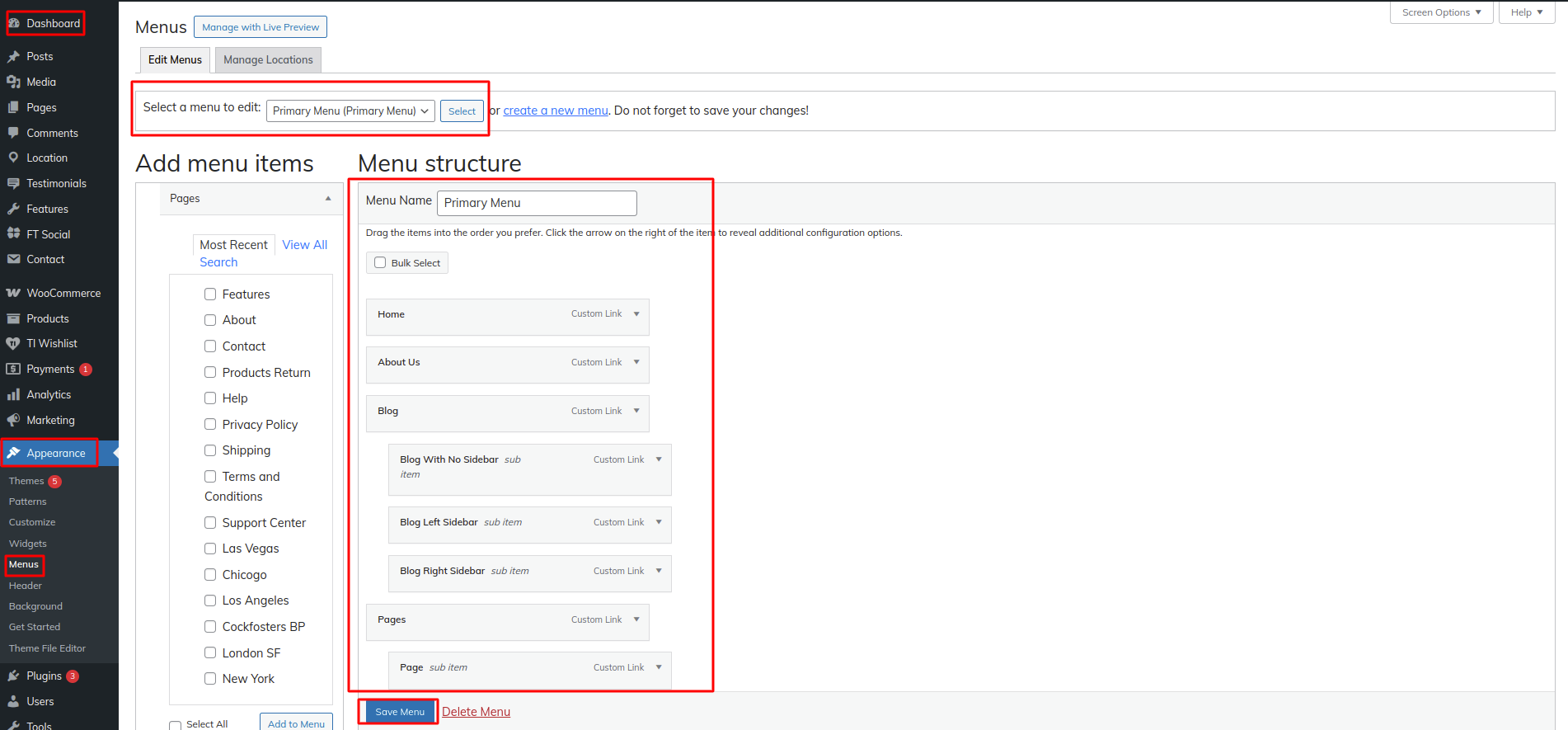 Menu Header Settings