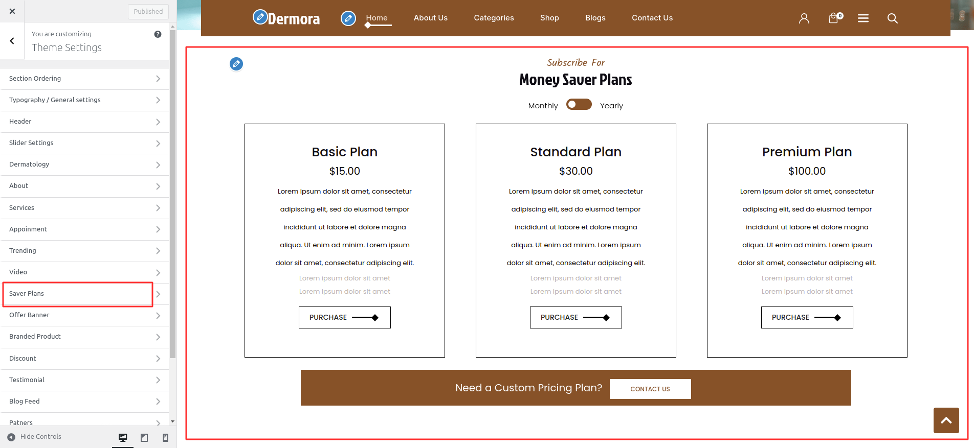 Money Saver Plans Customizer Settings