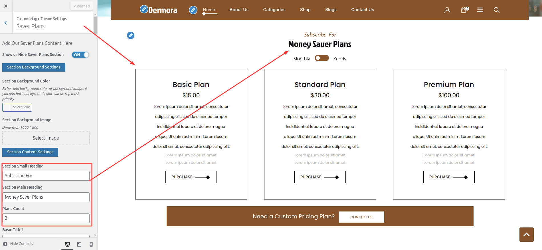 Money Saver Plans Customizer Settings