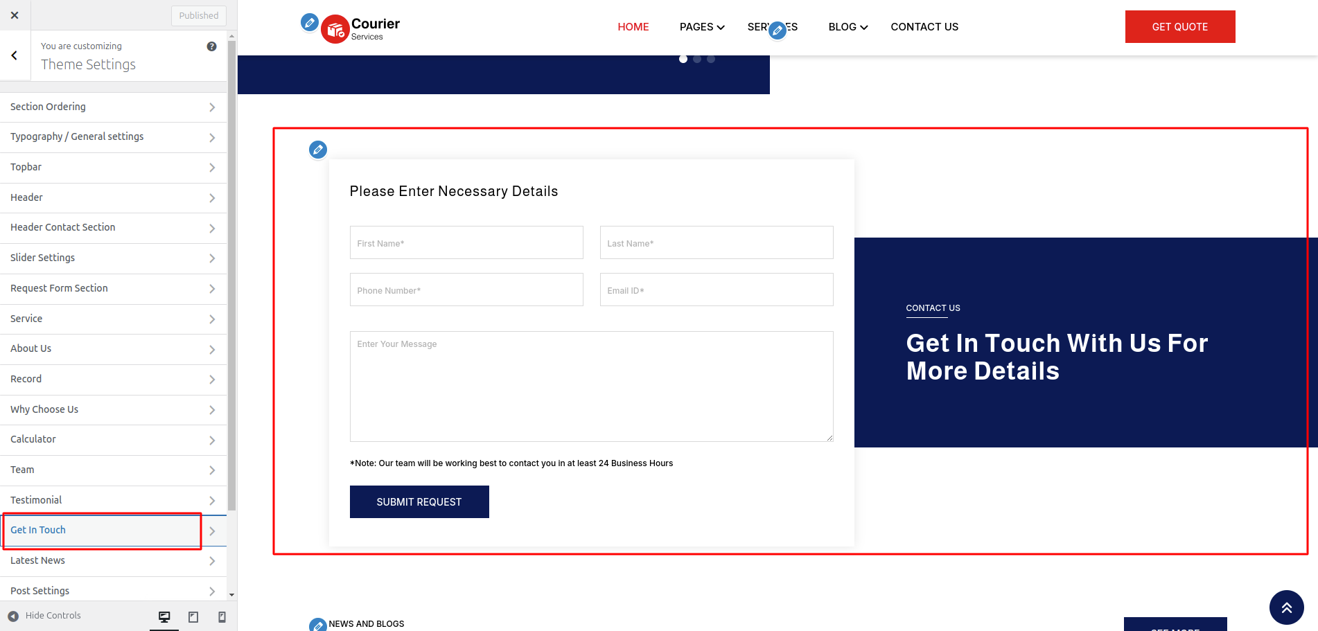 Get In Touch Customizer Settings