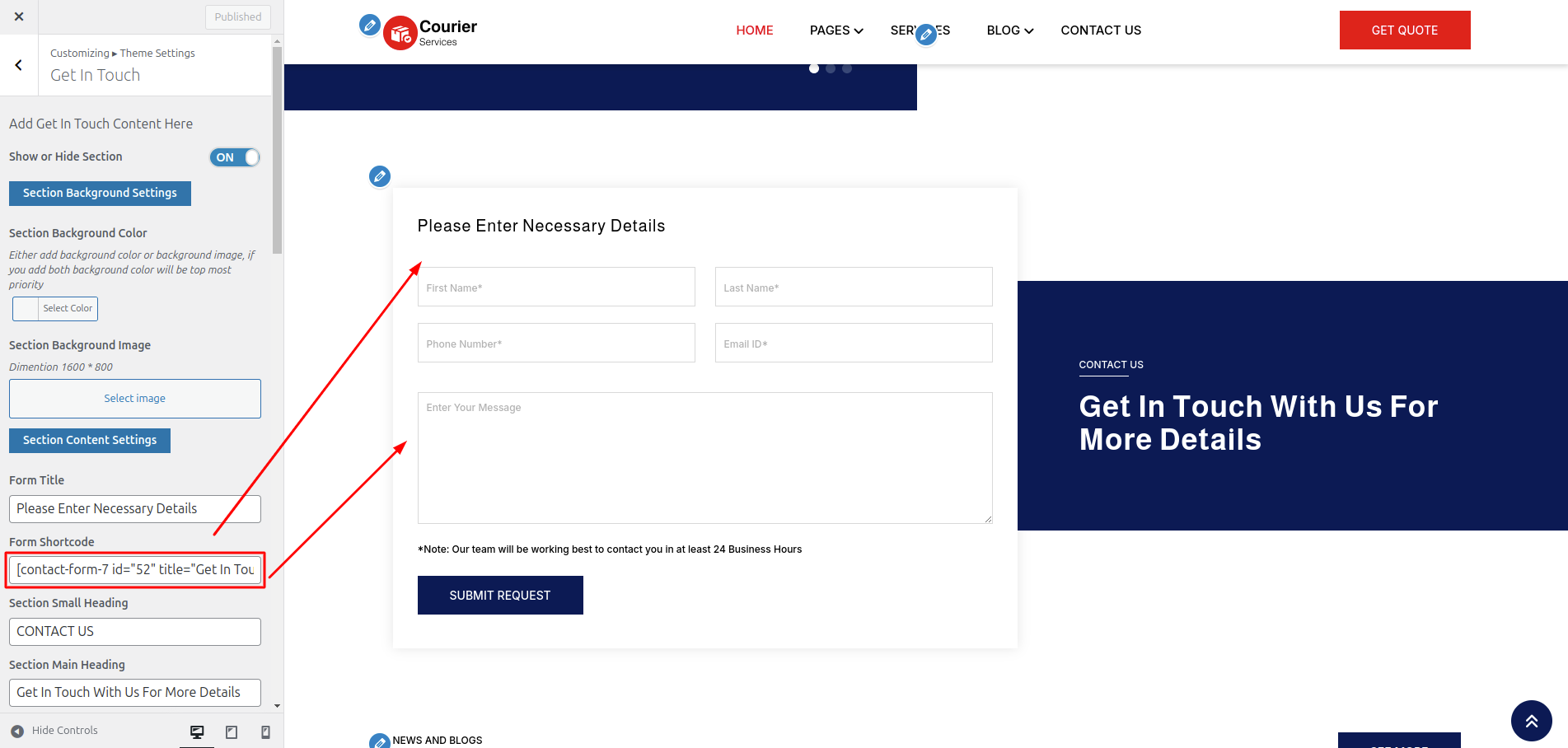 Get In Touch Customizer Settings