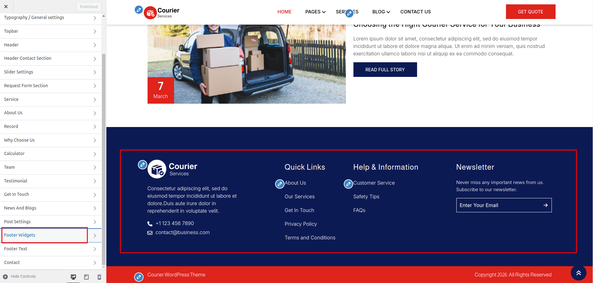 Footer Dashboard Setup