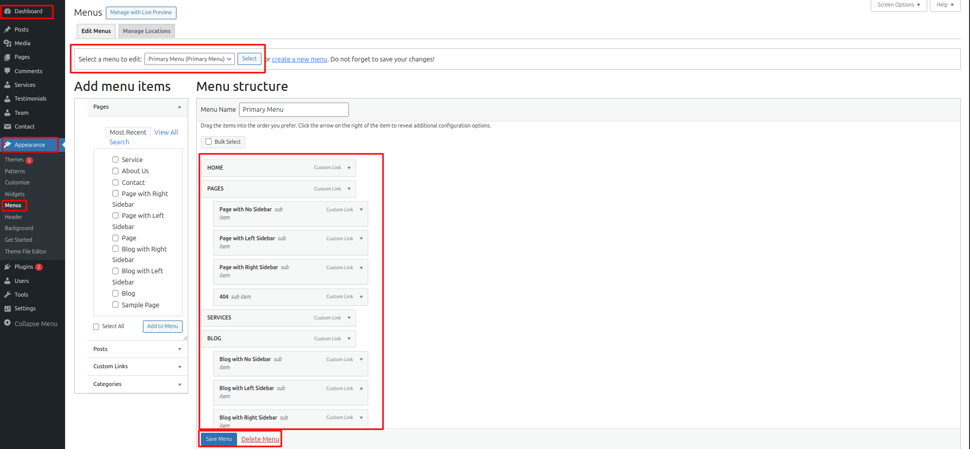 Menu Header Settings