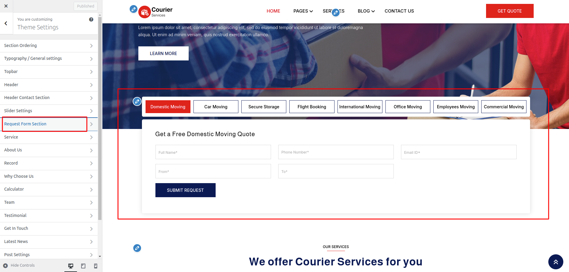 Request Form Customizer Settings