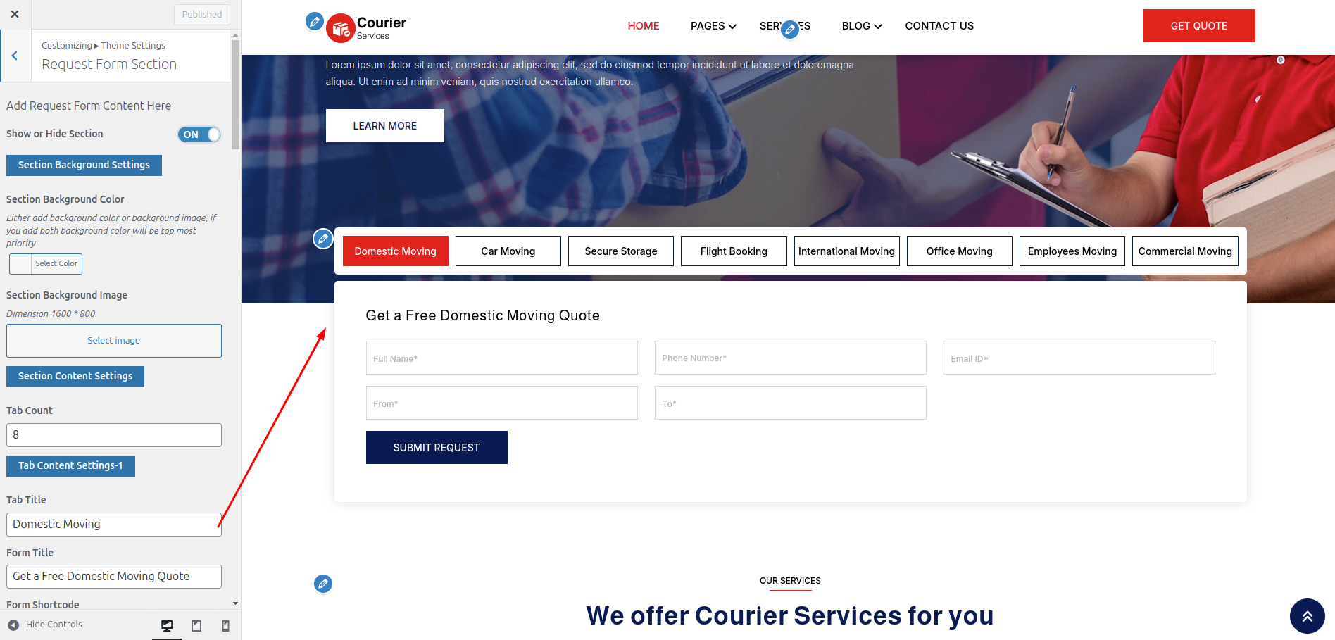 Request Form Customizer Settings
